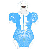 Maids Lockable Crotch Jumpsuits Rompers Sexy Cross Dressing Puff Short Sleeve Maid Cosplay Costumes Sissy Wetlook PVC Bodysuit