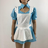Shiny PVC Lolita 3Pcs Maid Uniforms Puff Short Sleeve Jacket Sleeveless Mini Dress Lace-up Apron Sweet Maid Cosplay Costume