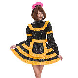Sissy Lockable Pleated A-line Maid Dress Glossy PVC Leather Turtleneck Frills Apron Mini Maid Dress Servant Role Play Outfits