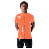 Gothic Punk Mens Latex Look T-shirt Coat Shiny PVC Leather Zipper with Buckles T-Shirts Club Costume Male Streetwear Jacket Tops