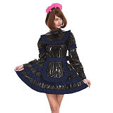 Sissy Lockable Pleated A-line Maid Dress Glossy PVC Leather Turtleneck Frills Apron Mini Maid Dress Servant Role Play Outfits