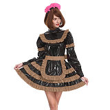 Sissy Lockable Pleated A-line Maid Dress Glossy PVC Leather Turtleneck Frills Apron Mini Maid Dress Servant Role Play Outfits