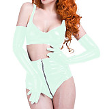 Glossy PVC Leather Short Sets Slim Bra Tops and Zip-up Crotch Mini Short with Gloves 3 Piece Set Women Sexy Club Costumes S-7XL