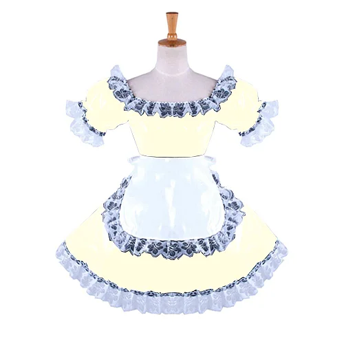 Sexy Maid Outfit Cospaly Game  Leather Uniform Skirt  White Lace Splicing Maid Kawaii uniform girl pleated skirt With Apron