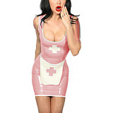Tank Scoop Neck Sexy Nurse Dress Glossy PVC Halloween Cosplay Costumes Sleeveless Pencil Mini Dress with Apron Nurse Lingerie