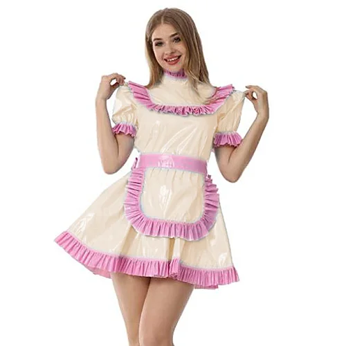 Cute Women's Lolita PVC Dress Sweet Black Lace A-line Vinyl Dress Maid Uniform Gothic Plus Size Long sleeve Sissy Dress