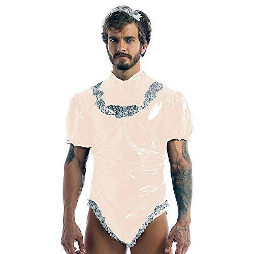 21 Color Sexy Men Maid Cosplay Costume Wetlook Puff Sleeve High Cut PVC Bodysuit