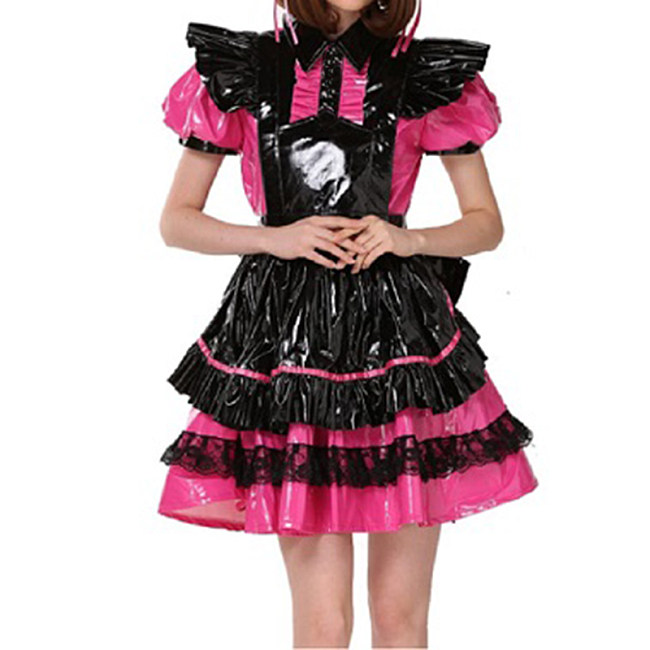 Lockable French Maid Role Play Mini Dress with Apron Sissy PVC Gothic Lace Trims Dress Uniform Cosplay Costumes Anime Unisex 7XL