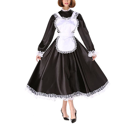 Sissy Satin Dress Girl Maid Lockable Uniform Crossdresser gothic Lolita punk satin dress Long Lantern sleeve costume