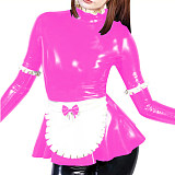 Sexy Maid Ruffle Top High Neck Frill Style Faux Latex Apron Tee Shirt Fancy Role Play Costume Shiny PVC Long Sleeve Maid Blouse