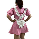 Shiny PVC Lolita 3Pcs Maid Uniforms Puff Short Sleeve Jacket Sleeveless Mini Dress Lace-up Apron Sweet Maid Cosplay Costume