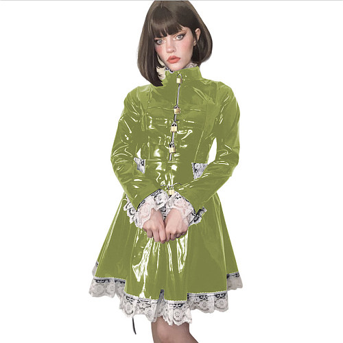 PVC Leather Cosplay Lolita Lace Maid Costumes Lockable Long Sleeve Pleated A-line Mini Maid Dress French Apron Servant Uniforms