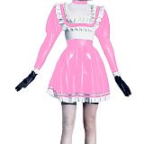 Sexy  Maid Dress Rubber Wet Look PVC Faux Sailor Japanese School Students Clothes with Trim Bow Back Zip Pleated Clubwear