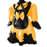 Lolita Peter Pan Collar Half Sleeve Black Frills Shiny PVC Maid Dress Unique Vinyl Glossy Leather Maid Fancy Cosplay Costume Set