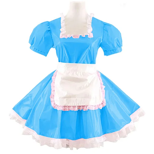 Women Adults Sissy Cosplay Costume Square Neck Lace Dress with Apron Lolita PVC Short Sleeve A-line Mini Maid Pleated Dress