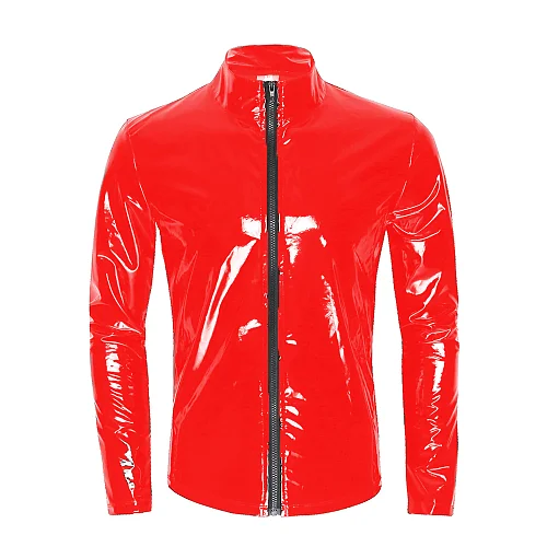 11 Colors Mens Shiny Metallic T-shirt Coat Wet Look PVC Leather Zipper Shirts Party Club wear Male Streetwear Autumn Jacket Tops
