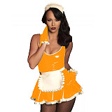 Cute PVC Maid Servant Costume Set Sissy French Dress PU leather Cosplay Fancy Dress Exotic Lolita Uniform With Apron Gloves