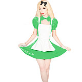 Shiny PVC Lolita 3Pcs Maid Uniforms Puff Short Sleeve Jacket Sleeveless Mini Dress Lace-up Apron Sweet Maid Cosplay Costume