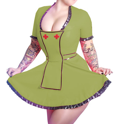 Wetlook PVC Scoop Neck Sexy Costumes Nurse Doctor Cosplay Short Sleeve Faux Latex Dress with Apron Nurse Halloween Lingerie 7XL