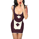 Tank Scoop Neck Sexy Nurse Dress Glossy PVC Halloween Cosplay Costumes Sleeveless Pencil Mini Dress with Apron Nurse Lingerie