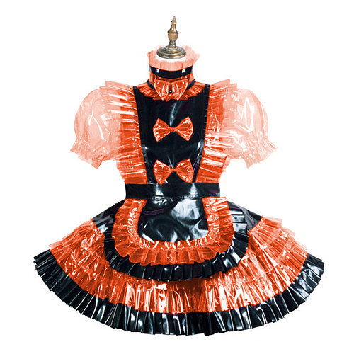 Sissy Lockable Black PVC Patchwork Maid Unifroms Fetish Clear Plastic Maid Dress with Apron Puff Short Sleeve Frills Maid Dress