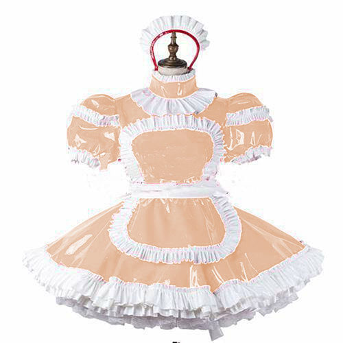 Cosplay Sissy Frills Apron Lockable Maid Dress Sexy PVC Puff Short Sleeve Turtleneck Maid Uniforms Adult Roleplay Servant Custom