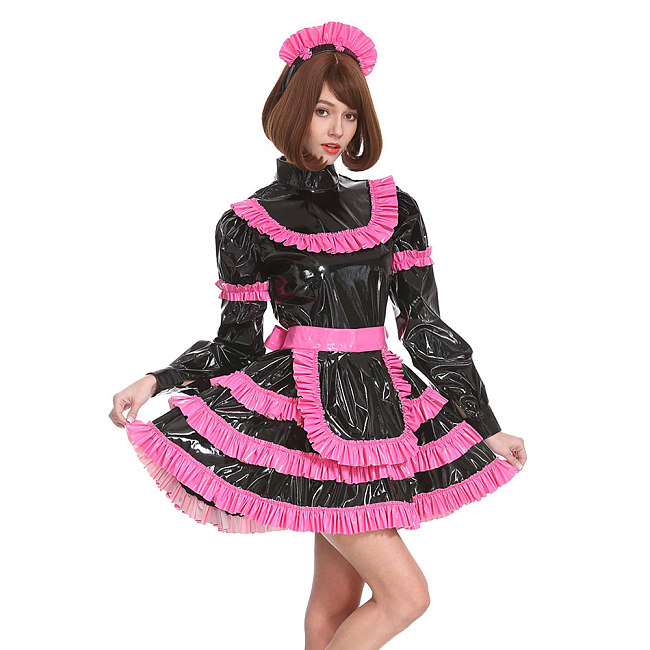 Sissy Lockable Pleated A-line Maid Dress Glossy PVC Leather Turtleneck Frills Apron Mini Maid Dress Servant Role Play Outfits