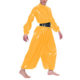 Mens PVC Shiny Loose Jumpsuit Sexy Oversized One-piece Bloomer Rompers Male Mock Neck Long Puff Sleeve Wet Look Body Suit Zentai