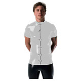 Gothic Punk Mens Latex Look T-shirt Coat Shiny PVC Leather Zipper with Buckles T-Shirts Club Costume Male Streetwear Jacket Tops