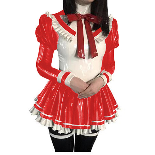 Sexy Faux Latex French Maid Dress Long Puffs Sleeves Ruffles Bows PVC Uniform Outfit Sweet Cosplay A-line Mini Dress Clubwear