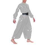 Mens PVC Shiny Loose Jumpsuit Sexy Oversized One-piece Bloomer Rompers Male Mock Neck Long Puff Sleeve Wet Look Body Suit Zentai