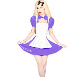 Shiny PVC Lolita 3Pcs Maid Uniforms Puff Short Sleeve Jacket Sleeveless Mini Dress Lace-up Apron Sweet Maid Cosplay Costume
