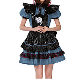 Lockable French Maid Role Play Mini Dress with Apron Sissy PVC Gothic Lace Trims Dress Uniform Cosplay Costumes Anime Unisex 7XL