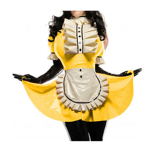 Men Women Shiny PVC French Maid Dress Short Puff Sleeve Apron with Large Ruffles Trims Maid Dress Faux Leather Cosplay Costumes