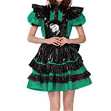 Lockable French Maid Role Play Mini Dress with Apron Sissy PVC Gothic Lace Trims Dress Uniform Cosplay Costumes Anime Unisex 7XL