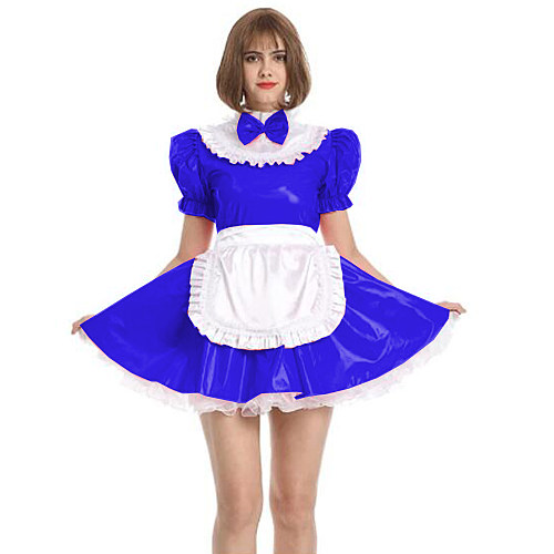 Womens Maid Sexy Costumes Plus Size Sissy Maid Cosplay PVC French Maid Uniform Outfit Ruffled Puff Sleeve Fancy Dress with Apron