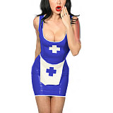 Tank Scoop Neck Sexy Nurse Dress Glossy PVC Halloween Cosplay Costumes Sleeveless Pencil Mini Dress with Apron Nurse Lingerie