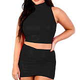 Sleeveless Turtleneck Glossy PVC Leather Back Zipper Crop Top and Pencil Mini Skirt Slim Fit Vestido 2 Piece Skirt for Women 7XL