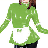 Sexy Maid Ruffle Top High Neck Frill Style Faux Latex Apron Tee Shirt Fancy Role Play Costume Shiny PVC Long Sleeve Maid Blouse