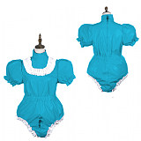 Sissy Bodysuit Shiny PVC Lolita Puff Short Sleeve Maid Cosplay Costume Vinyl Maid Dress Lockable Gothic Jumpsit  Plus Size 7XL