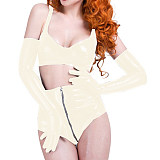 Glossy PVC Leather Short Sets Slim Bra Tops and Zip-up Crotch Mini Short with Gloves 3 Piece Set Women Sexy Club Costumes S-7XL