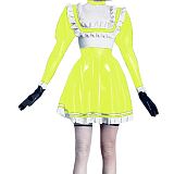 Sexy  Maid Dress Rubber Wet Look PVC Faux Sailor Japanese School Students Clothes with Trim Bow Back Zip Pleated Clubwear