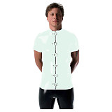 Gothic Punk Mens Latex Look T-shirt Coat Shiny PVC Leather Zipper with Buckles T-Shirts Club Costume Male Streetwear Jacket Tops