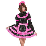 Sissy Lockable Pleated A-line Maid Dress Glossy PVC Leather Turtleneck Frills Apron Mini Maid Dress Servant Role Play Outfits