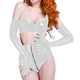 Glossy PVC Leather Short Sets Slim Bra Tops and Zip-up Crotch Mini Short with Gloves 3 Piece Set Women Sexy Club Costumes S-7XL