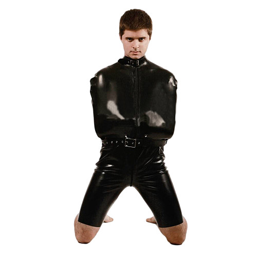 Men Wet Look PVC Leather Wrap Catsuit Sissy Exotic Costume Mock Neck Bondage Bodysuit Open Crotch with Belt Jumpsuit Clubwear