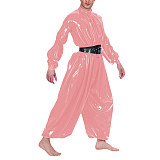 Mens PVC Shiny Loose Jumpsuit Sexy Oversized One-piece Bloomer Rompers Male Mock Neck Long Puff Sleeve Wet Look Body Suit Zentai