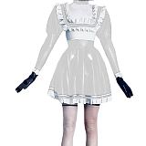 Sexy  Maid Dress Rubber Wet Look PVC Faux Sailor Japanese School Students Clothes with Trim Bow Back Zip Pleated Clubwear