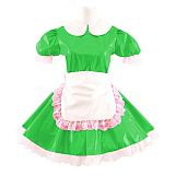 Lady Cute Doll Collar French Maid Mini Club Dress Women Summer Sissy Cosplay Sexy Short Sleeve Patent Leather Dresses with Apron