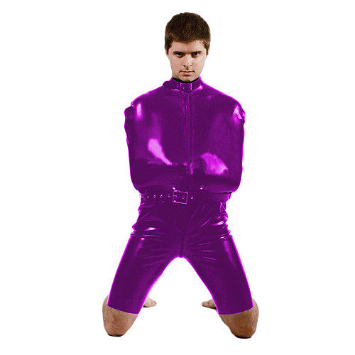 Men Wet Look PVC Leather Wrap Catsuit Sissy Exotic Costume Mock Neck Bondage Bodysuit Open Crotch with Belt Jumpsuit Clubwear